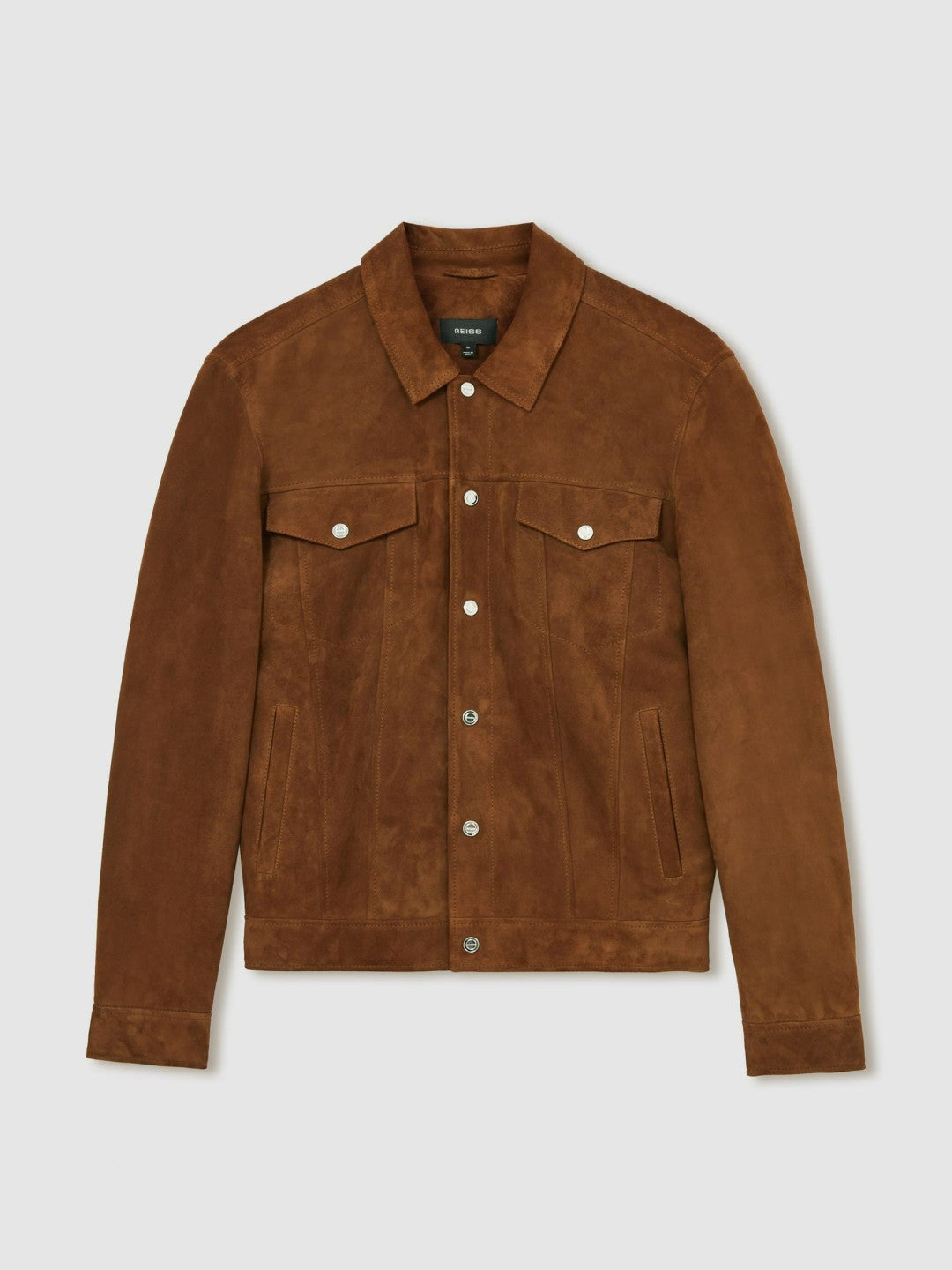 Reiss | Suede Press Stud Trucker Jacket in Tobacco Brown
