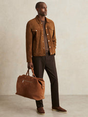 Reiss | Suede Press Stud Trucker Jacket in Tobacco Brown