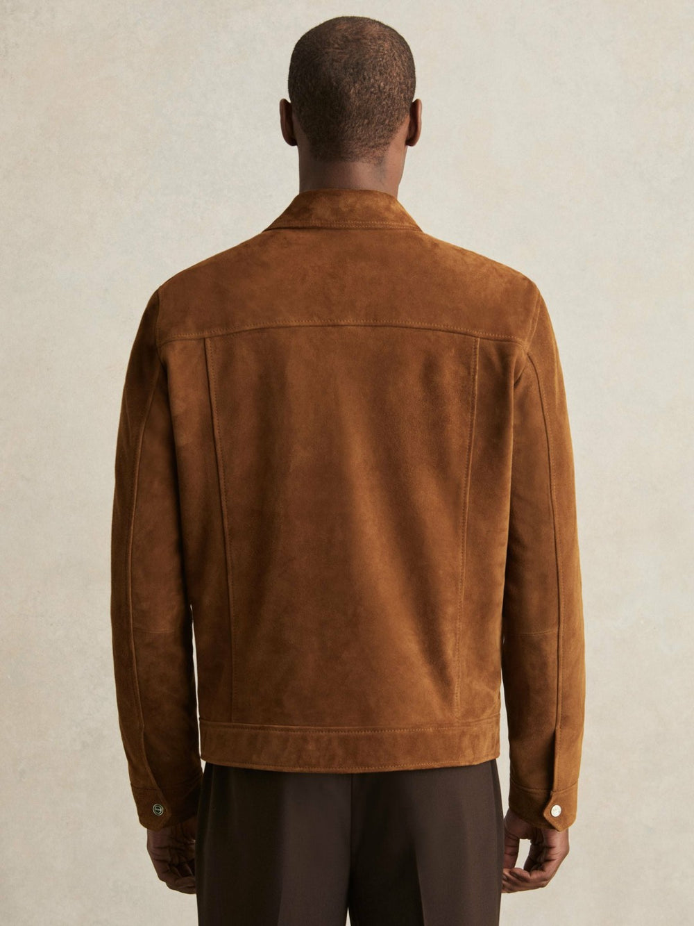 Reiss | Suede Press Stud Trucker Jacket in Tobacco Brown
