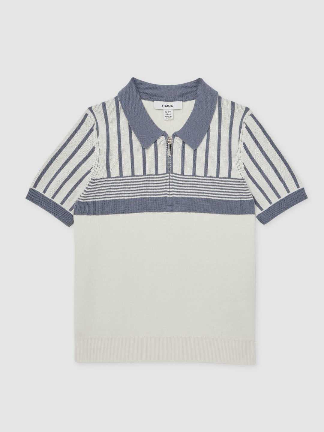 Reiss | 3-9 yrs Cotton Stripe Knit Half-Zip Polo Shirt in Off White/ Airforce Blue