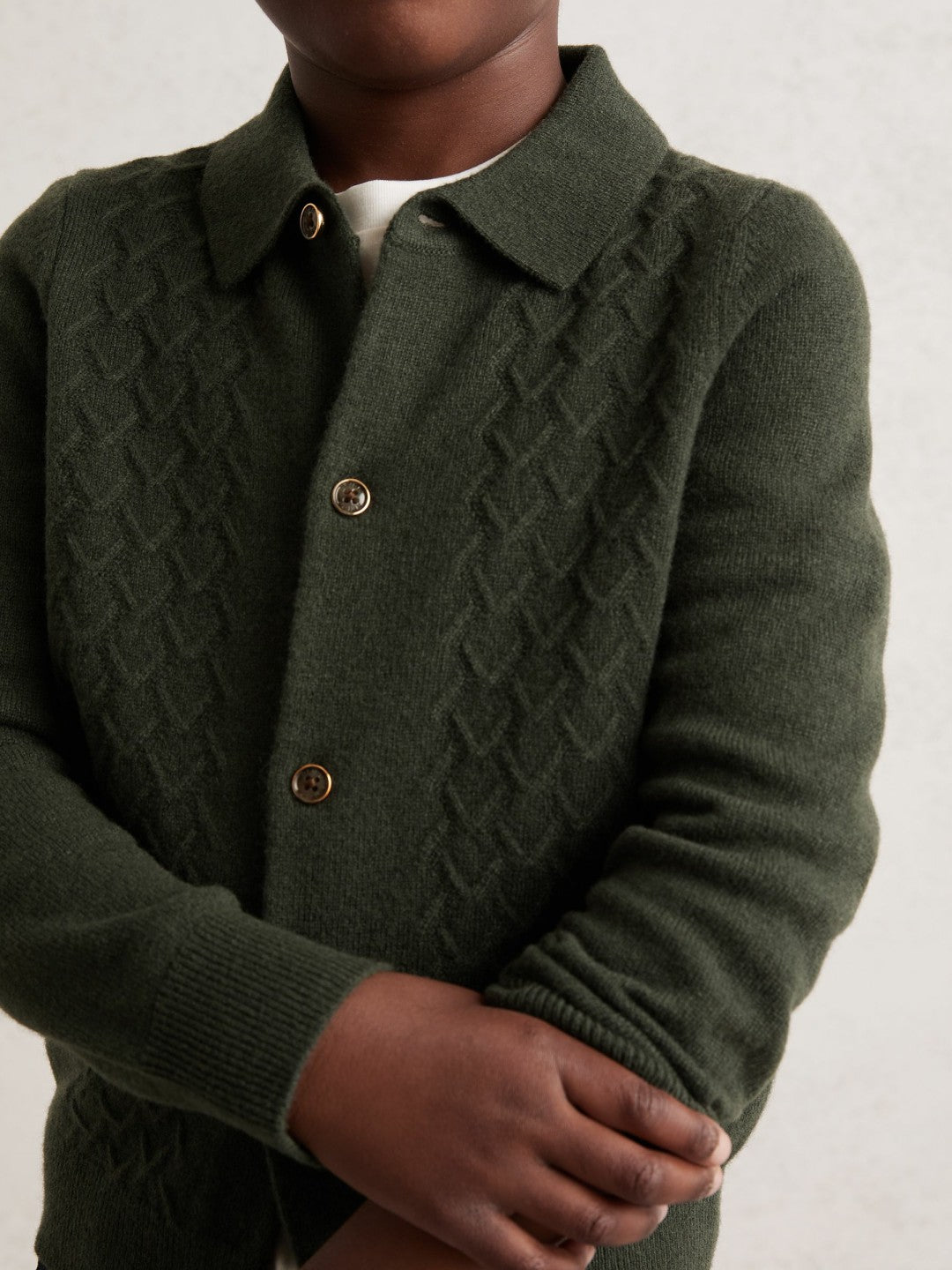 Reiss | 9-13 yrs Wool V-Stitch Button-Through Cardigan in Forest Green