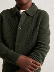 Reiss | 9-13 yrs Wool V-Stitch Button-Through Cardigan in Forest Green