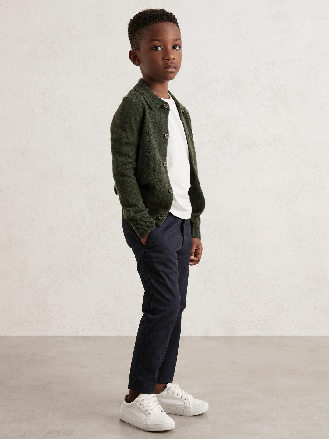Reiss | 9-13 yrs Wool V-Stitch Button-Through Cardigan in Forest Green