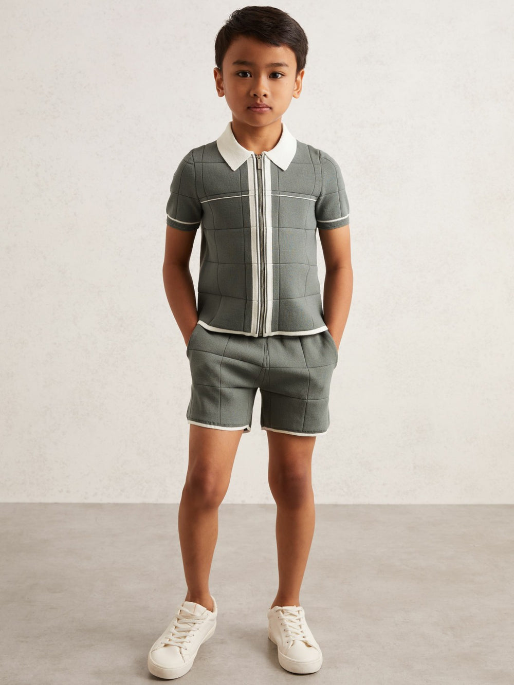 Reiss | 3-9 yrs Tipped Knit Zip-Through Shirt in Dark Sage Green