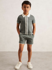 Reiss | 9-13 yrs Tipped Knit Zip-Through Shirt in Dark Sage Green