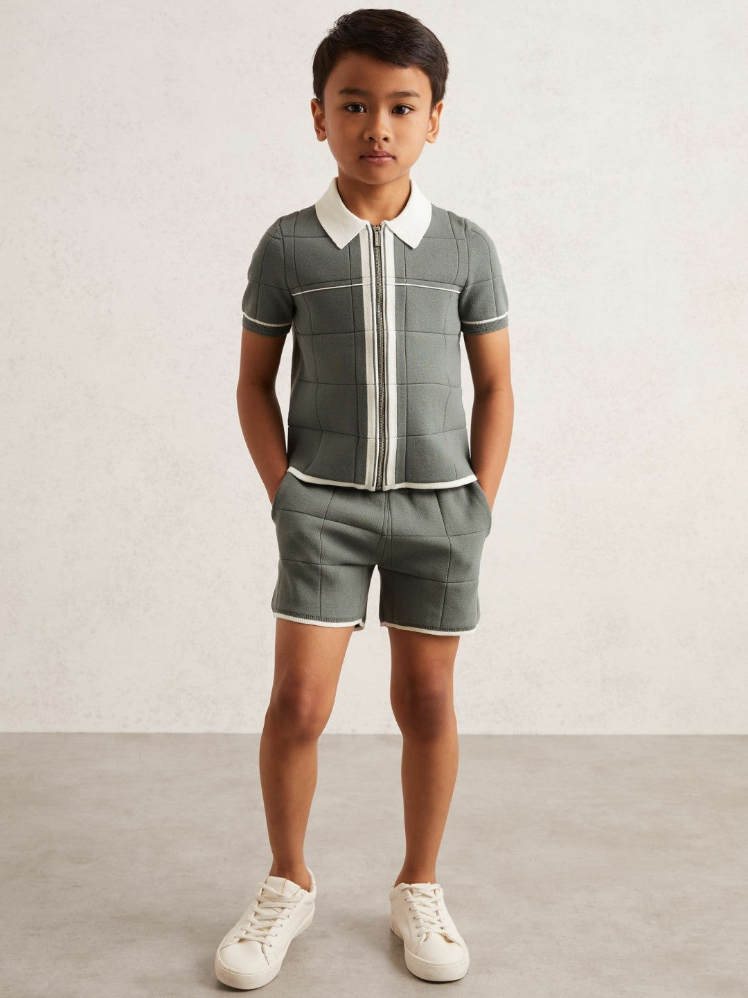 Reiss | 13-14 yrs Tipped Knit Zip-Through Shirt in Dark Sage Green