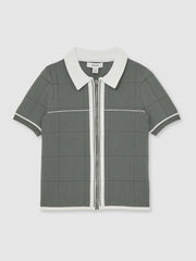 Reiss | 13-14 yrs Tipped Knit Zip-Through Shirt in Dark Sage Green