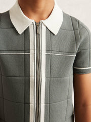 Reiss | 13-14 yrs Tipped Knit Zip-Through Shirt in Dark Sage Green