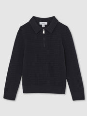 Reiss | 9-13 yrs Wool Waffle-Knit Half-Zip Polo Shirt in Navy Blue