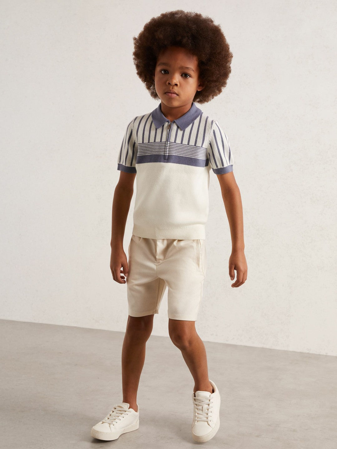 Reiss | 13-14 yrs Cotton Stripe Knit Half-Zip Polo Shirt in Off White/ Airforce Blue