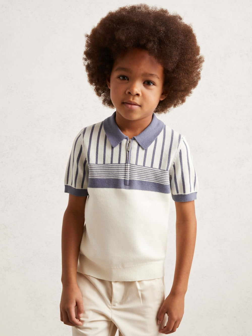 Reiss | 13-14 yrs Cotton Stripe Knit Half-Zip Polo Shirt in Off White/ Airforce Blue