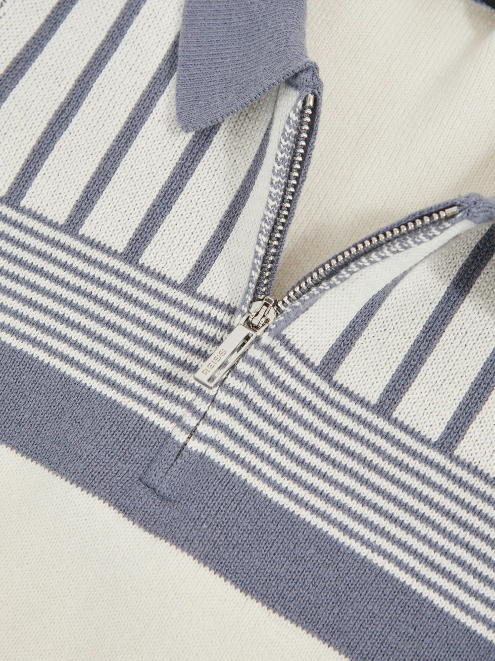 Reiss | 13-14 yrs Cotton Stripe Knit Half-Zip Polo Shirt in Off White/ Airforce Blue