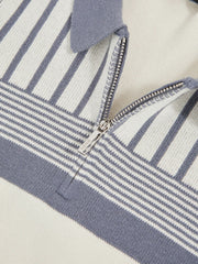 Reiss | 13-14 yrs Cotton Stripe Knit Half-Zip Polo Shirt in Off White/ Airforce Blue