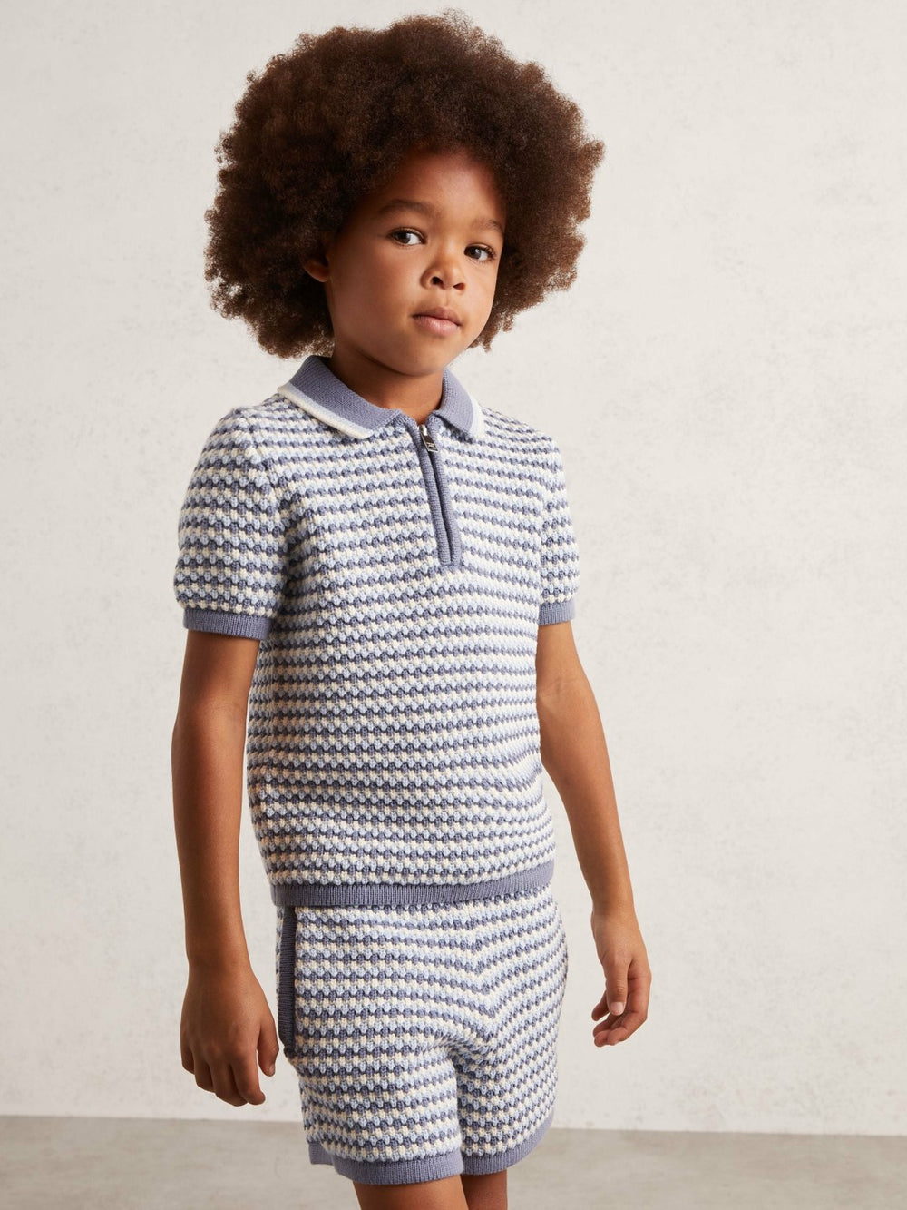 Reiss | 9-13 yrs Knitted Stripe Half-Zip Polo Shirt in Blue/White