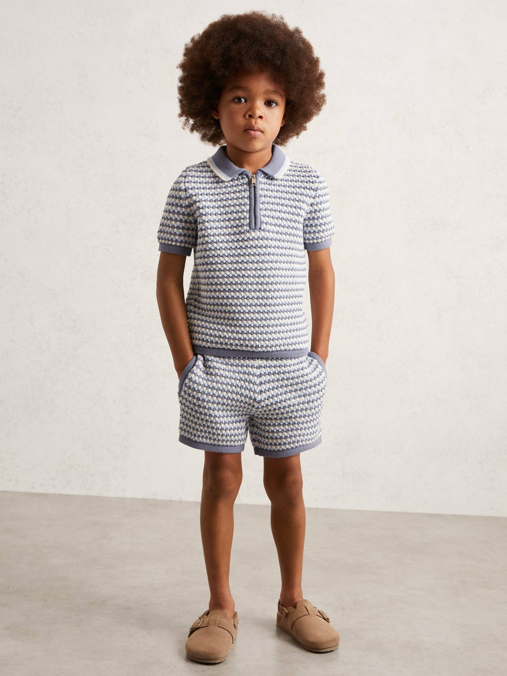 Reiss | 9-13 yrs Knitted Stripe Half-Zip Polo Shirt in Blue/White