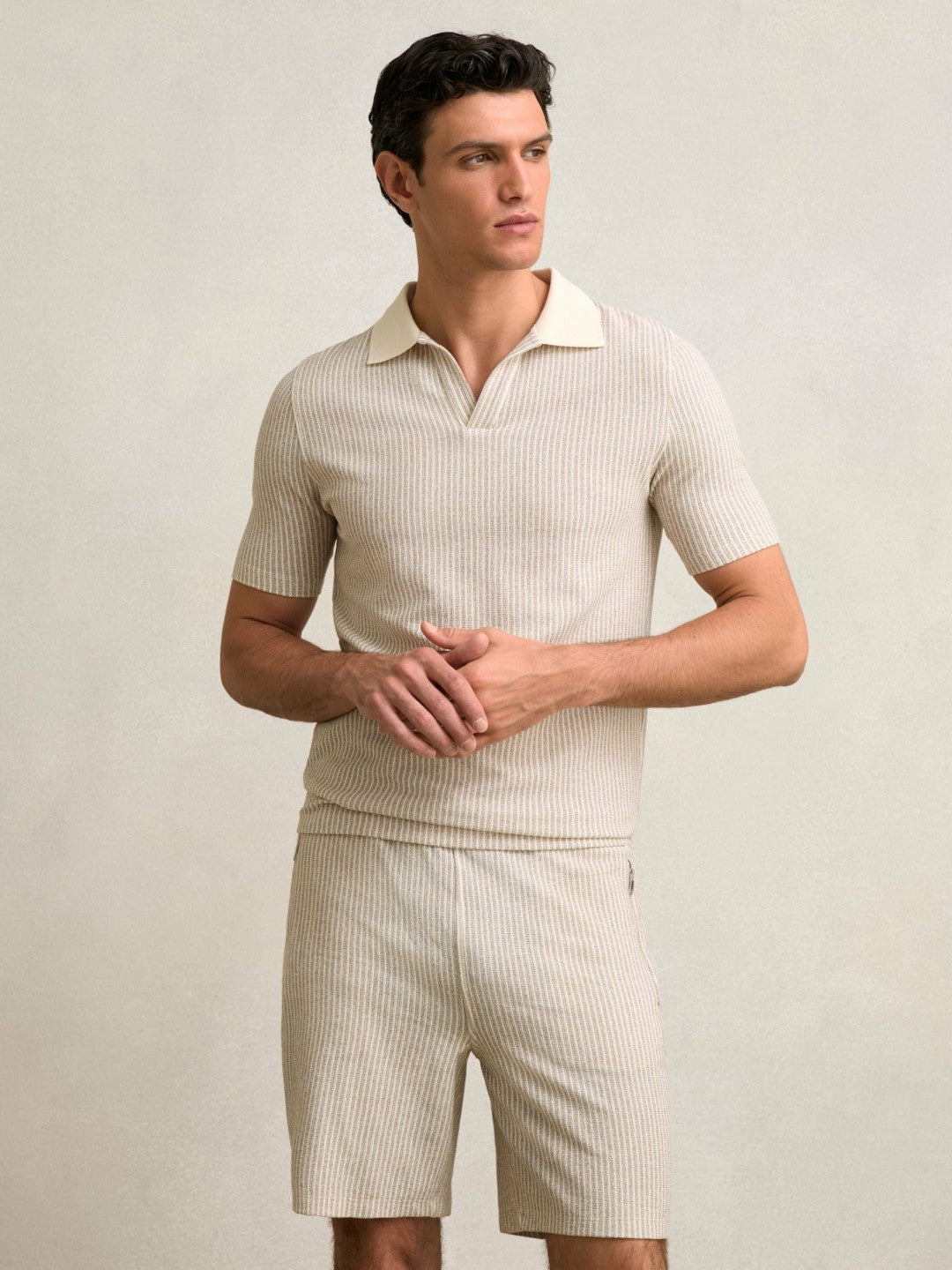 Reiss | Cotton-Blend Stripe Drawstring Shorts in Ecru/Taupe Brown