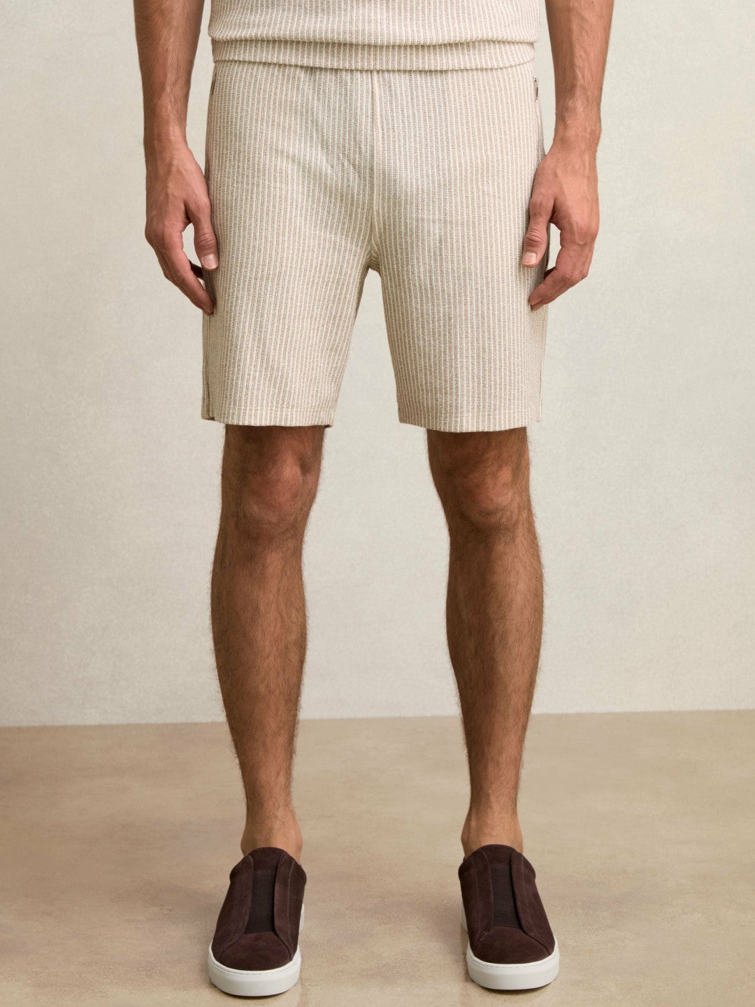 Reiss | Cotton-Blend Stripe Drawstring Shorts in Ecru/Taupe Brown