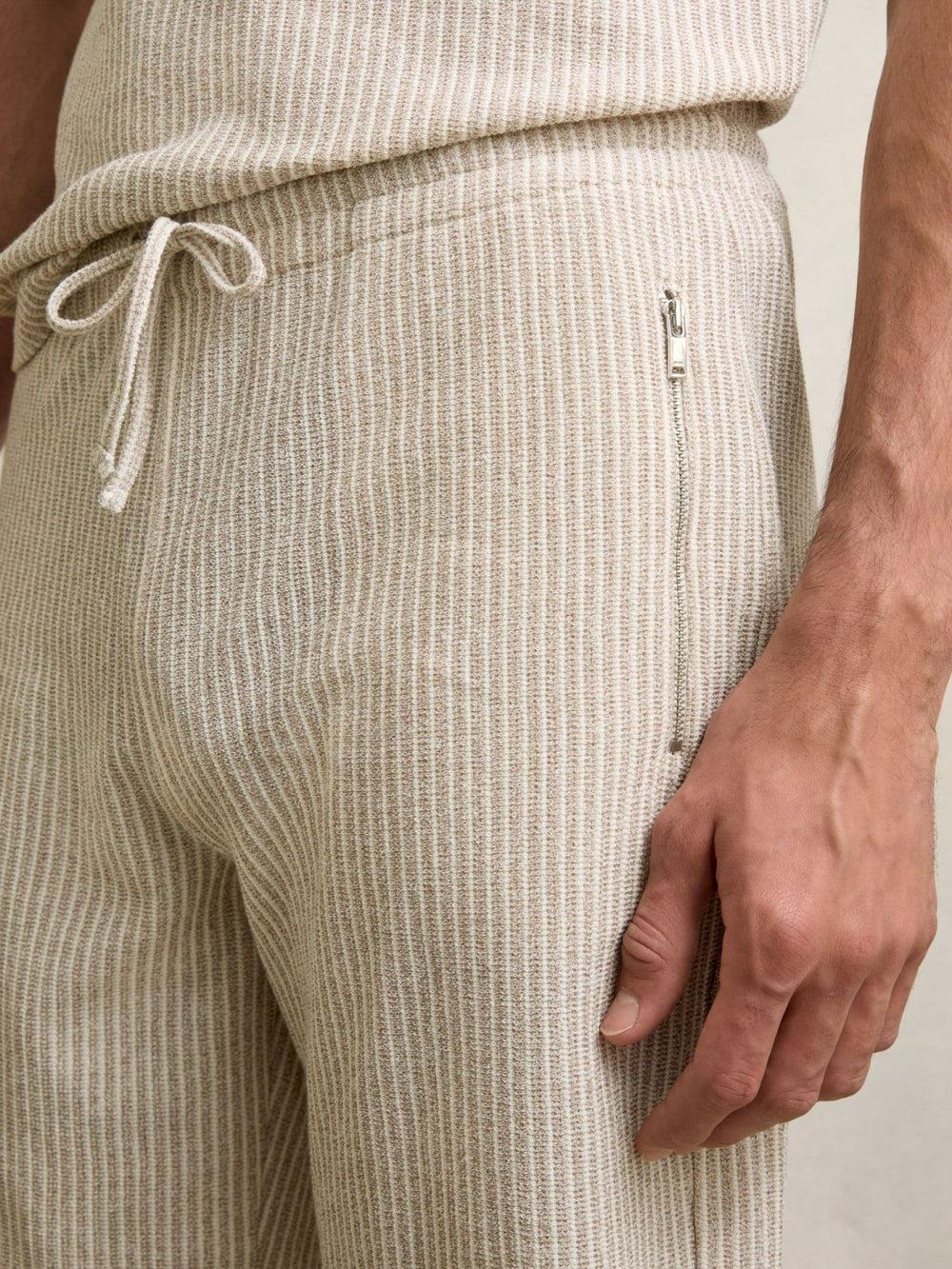 Reiss | Cotton-Blend Stripe Drawstring Shorts in Ecru/Taupe Brown