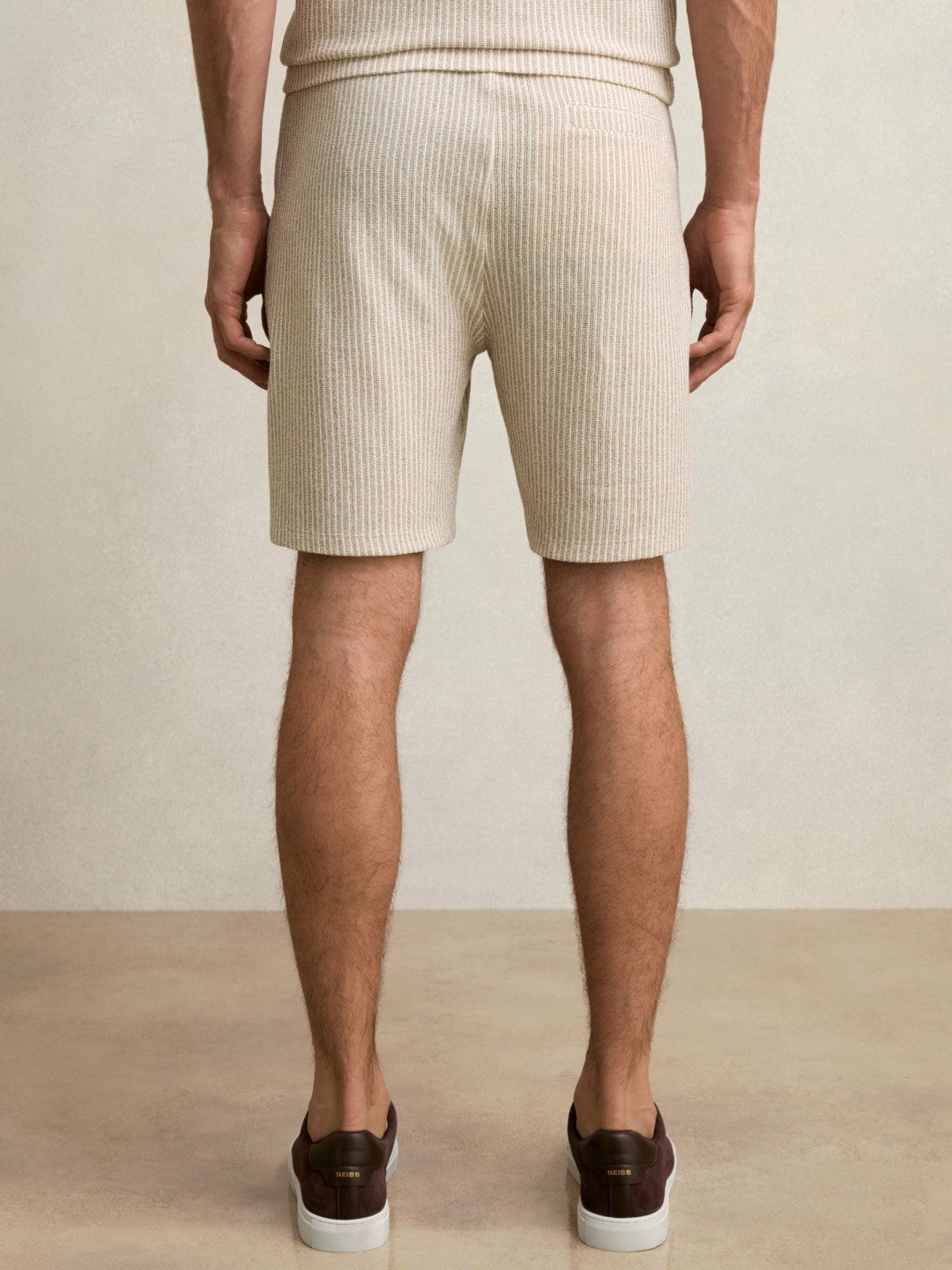 Reiss | Cotton-Blend Stripe Drawstring Shorts in Ecru/Taupe Brown