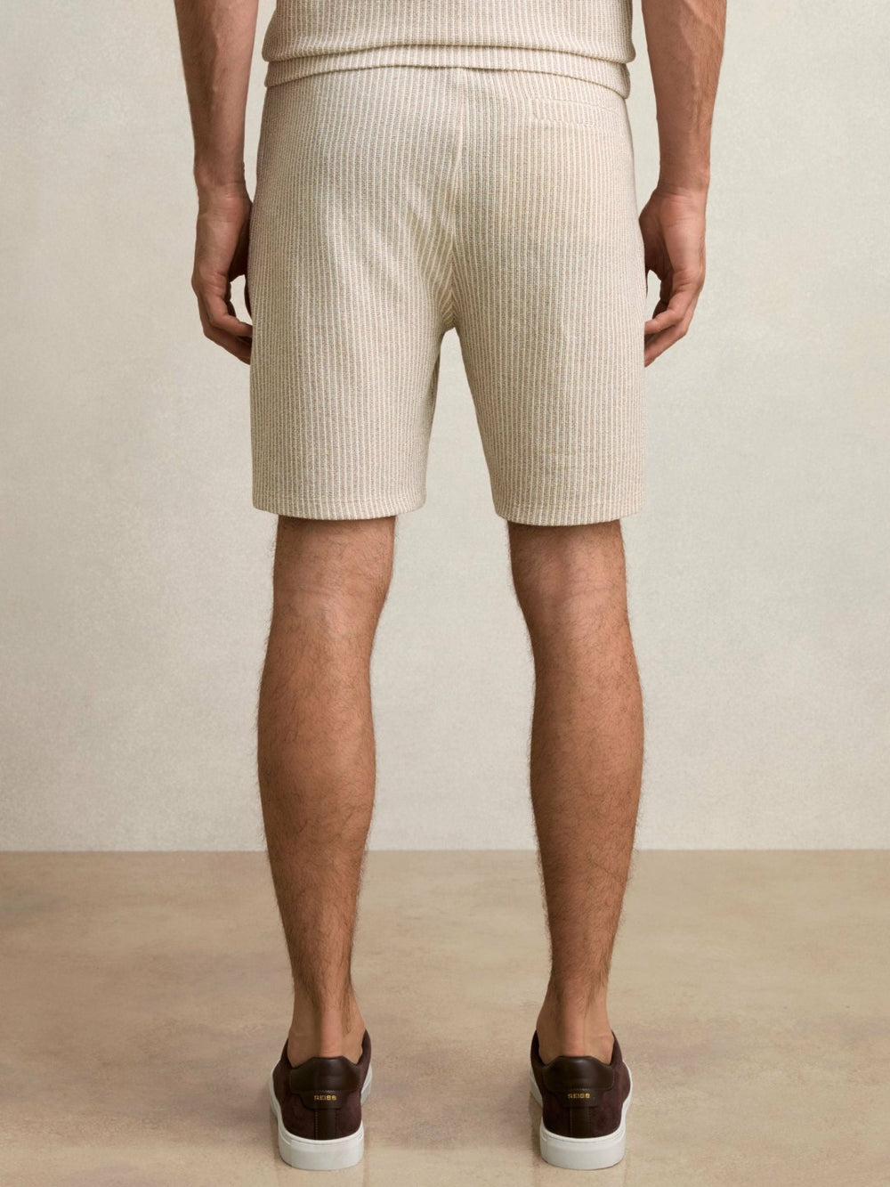 Reiss | Cotton-Blend Stripe Drawstring Shorts in Ecru/Taupe Brown