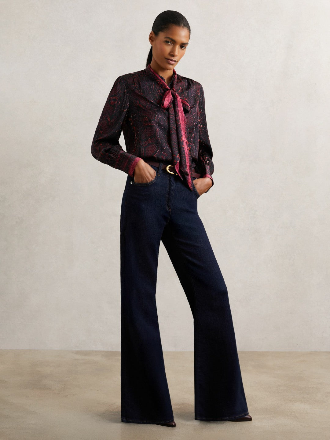 Reiss | Snake-Print Tie-Neck Blouse in Burgundy