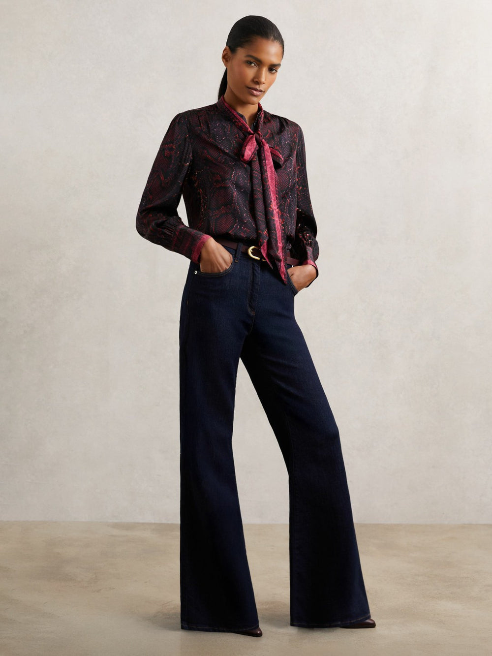 Reiss | Snake-Print Tie-Neck Blouse in Burgundy