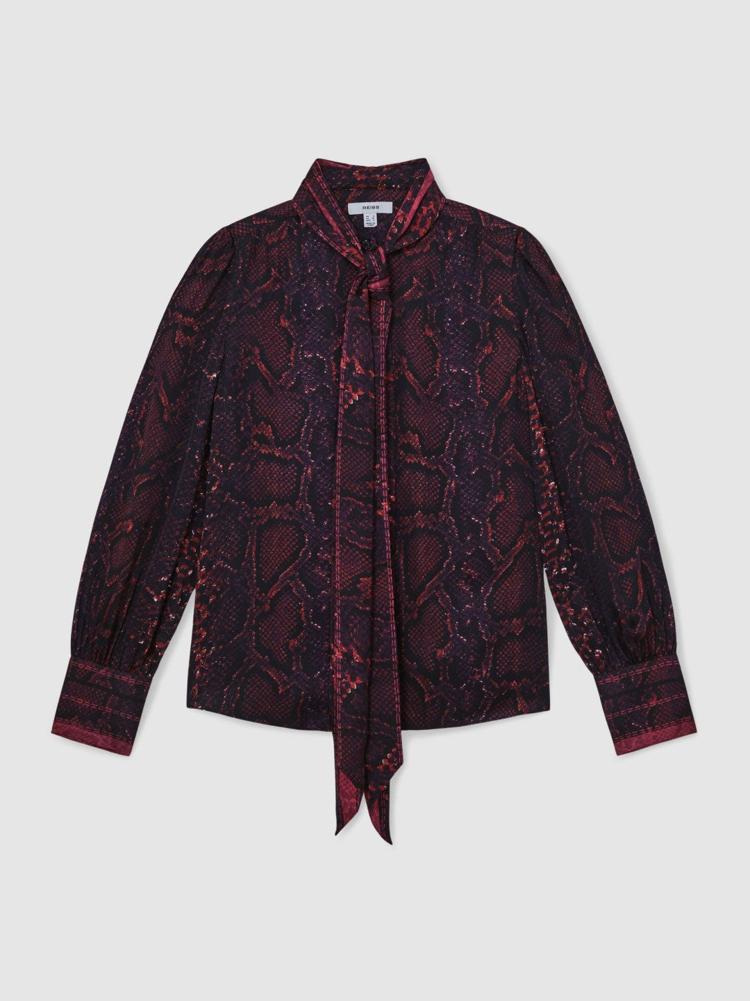 Reiss | Snake-Print Tie-Neck Blouse in Burgundy