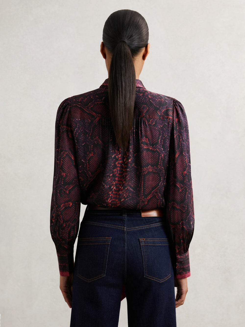 Reiss | Snake-Print Tie-Neck Blouse in Burgundy