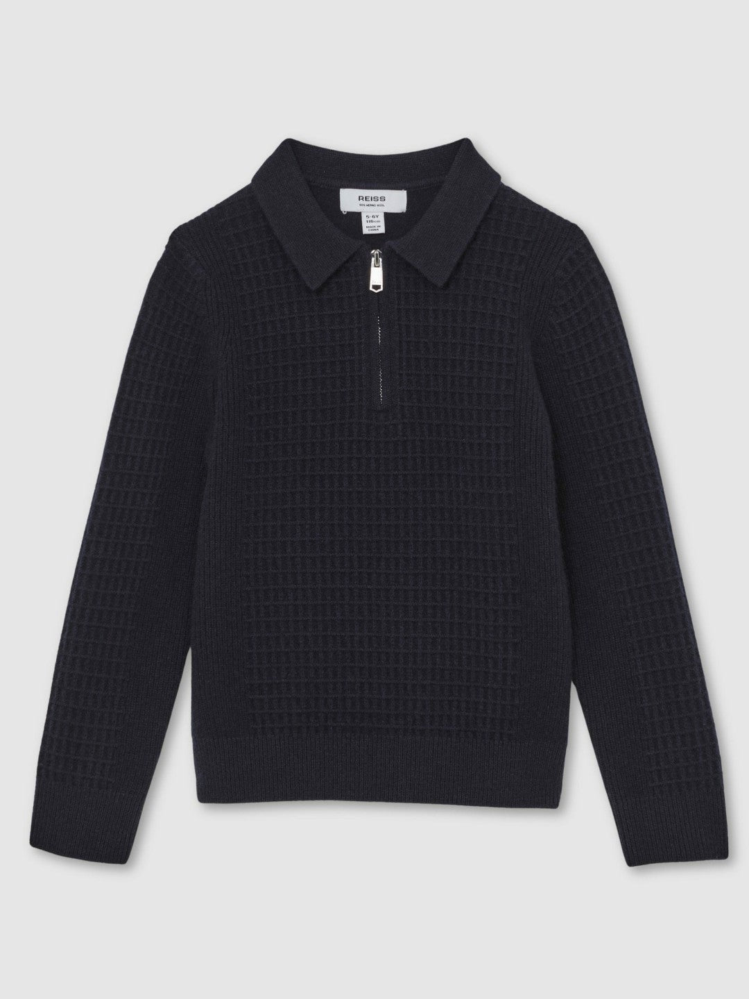 Reiss | 13-14 yrs Wool Waffle-Knit Half-Zip Polo Shirt in Navy Blue