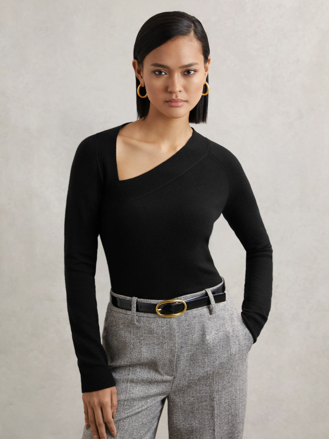Reiss | Wool-Blend Asymmetric Knit Top in Black