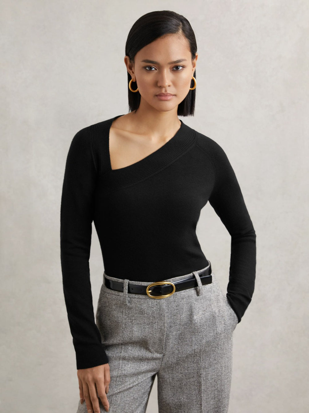 Reiss | Wool-Blend Asymmetric Knit Top in Black
