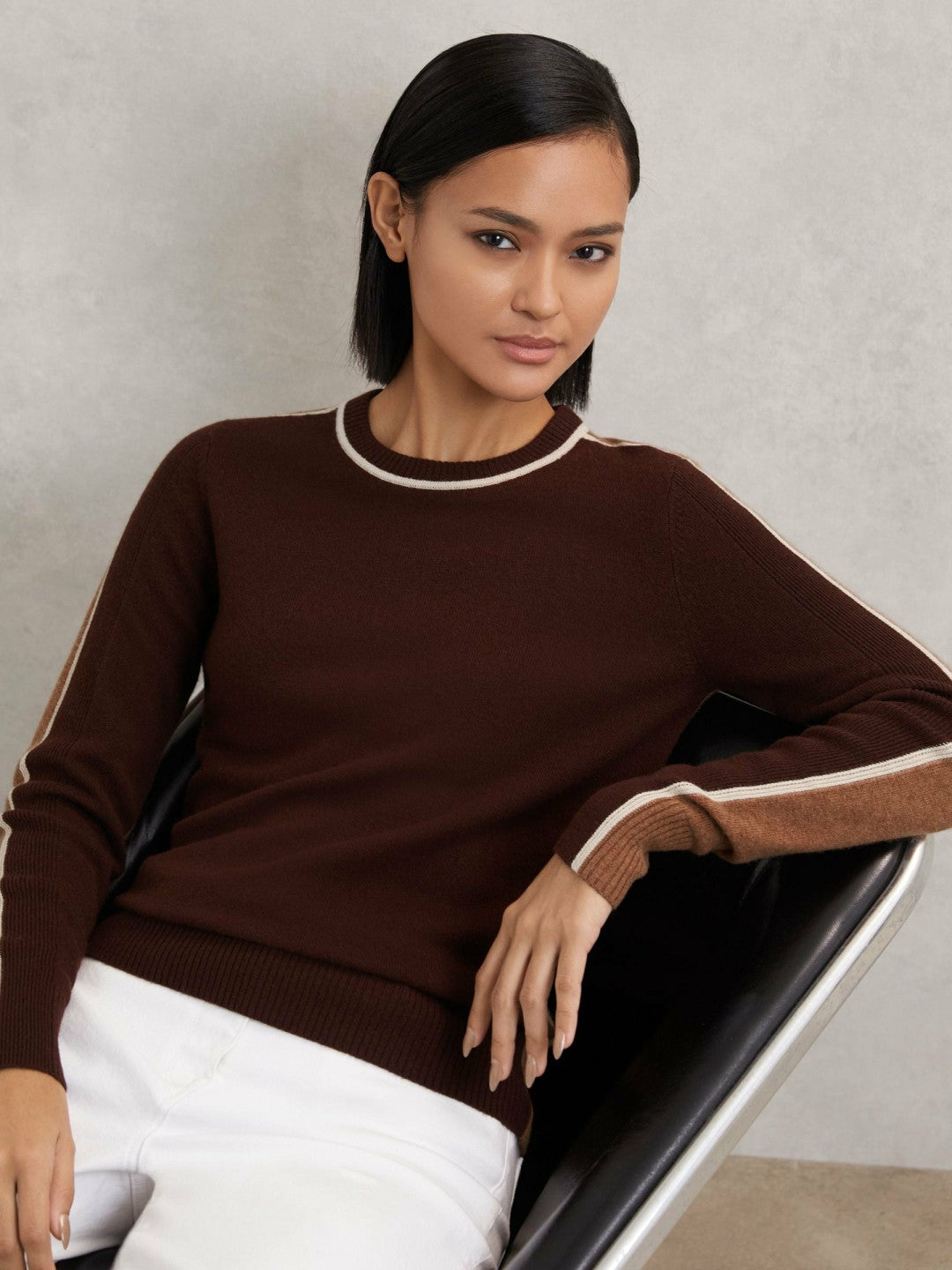 Reiss | Wool-Blend Colour-Block Jumper With Cashmere in Burgundy/Tan