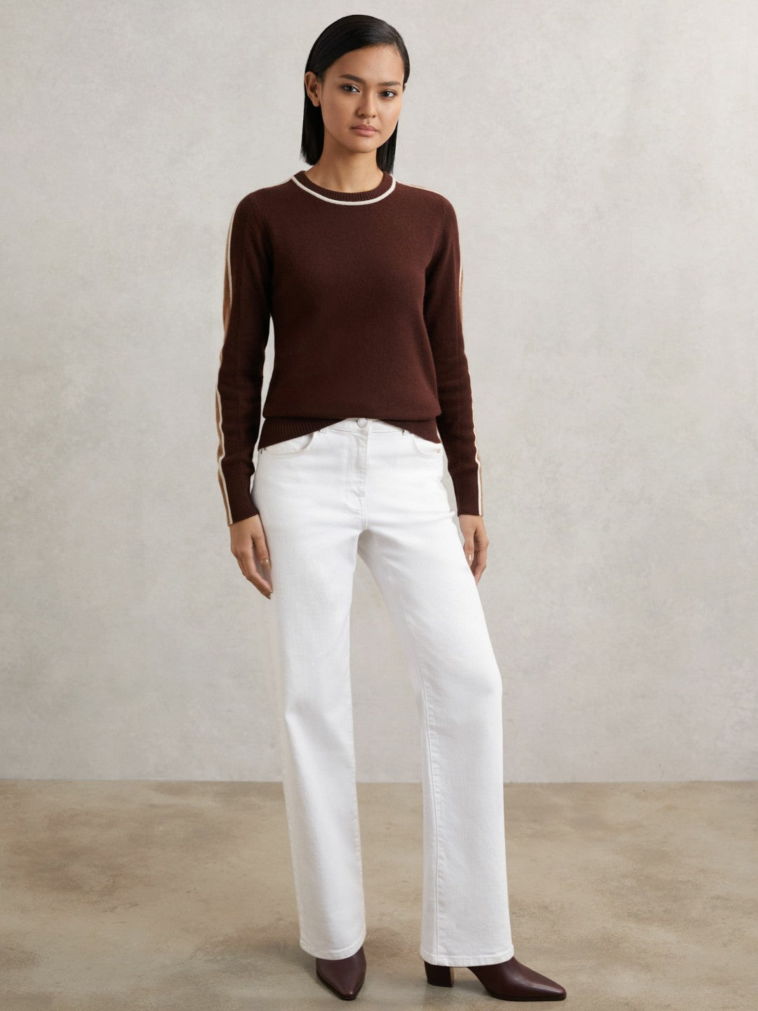 Reiss | Wool-Blend Colour-Block Jumper With Cashmere in Burgundy/Tan