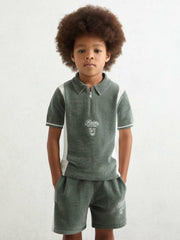 Reiss | 13-14 yrs Chenille Tipped Motor Cars Polo Shirt in Dark Sage Green/White