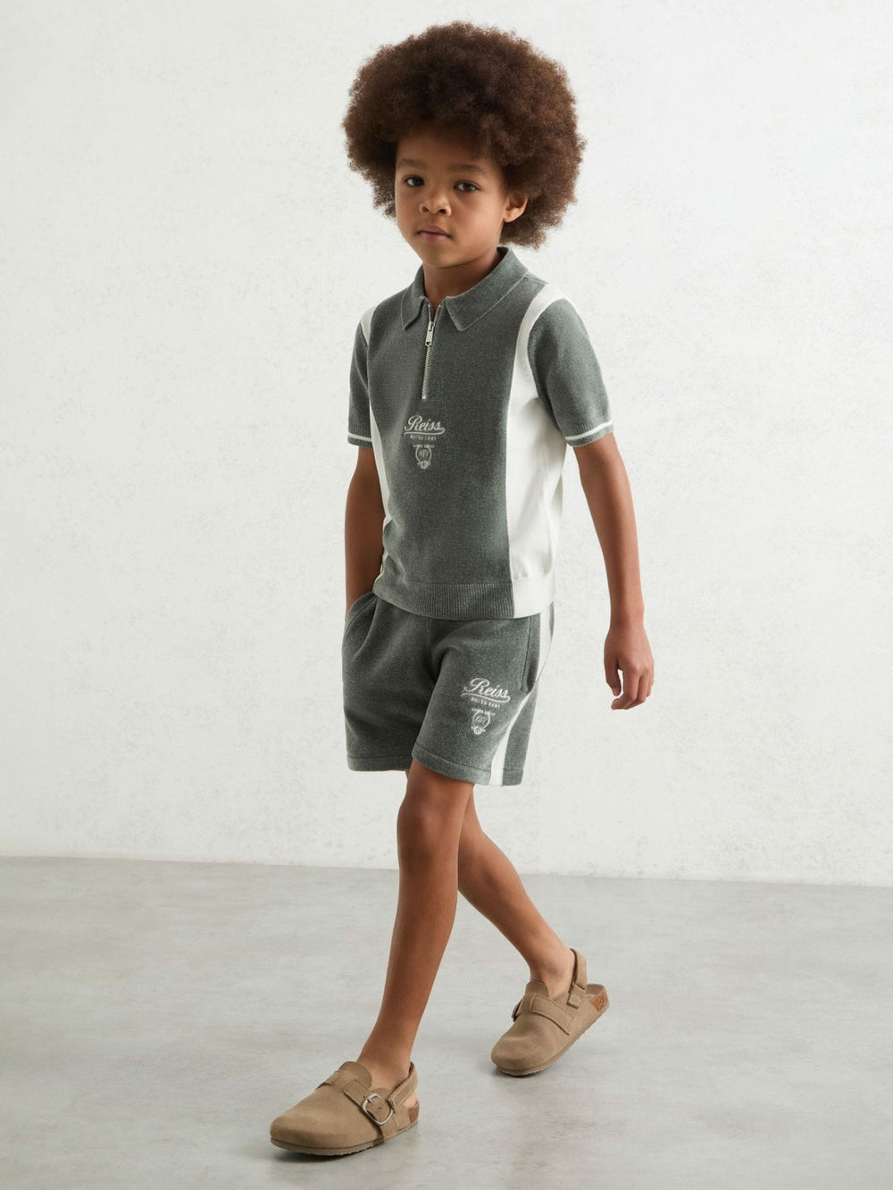 Reiss | 13-14 yrs Chenille Tipped Motor Cars Polo Shirt in Dark Sage Green/White