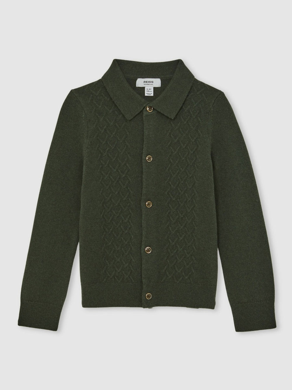 Reiss | 13-14 yrs Wool V-Stitch Button-Through Cardigan in Forest Green