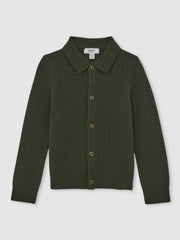 Reiss | 13-14 yrs Wool V-Stitch Button-Through Cardigan in Forest Green