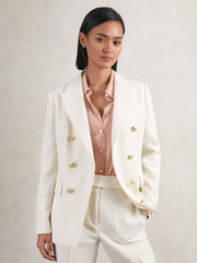 Reiss | Petite Double-Breasted Twill Suit Blazer With Wool in White