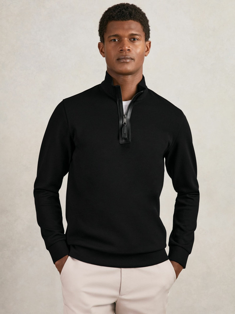 Reiss | Leather-Placket Interlock Sweatshirt in Black