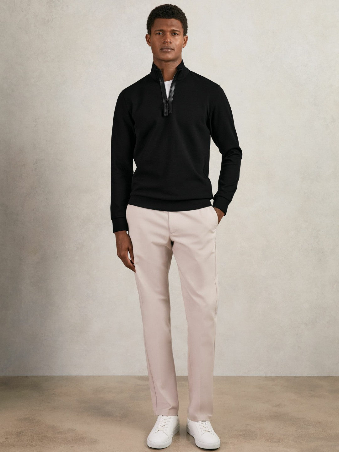 Reiss | Leather-Placket Interlock Sweatshirt in Black
