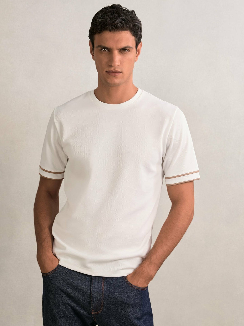 Reiss | Textured Crew-Neck Tipped T-Shirt in White