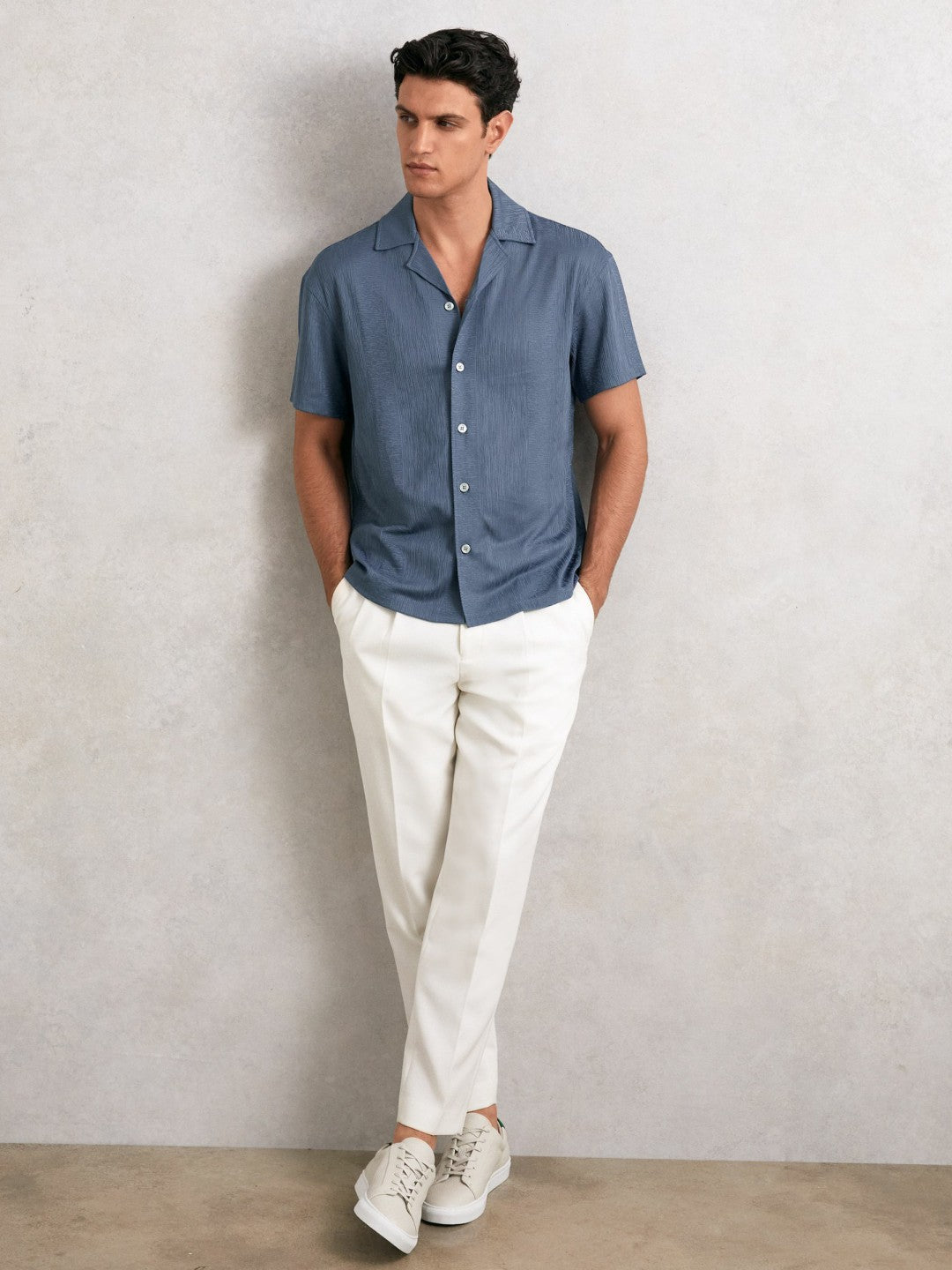 Reiss | Jacquard-Stripe Cuban-Collar Shirt in Airforce Blue