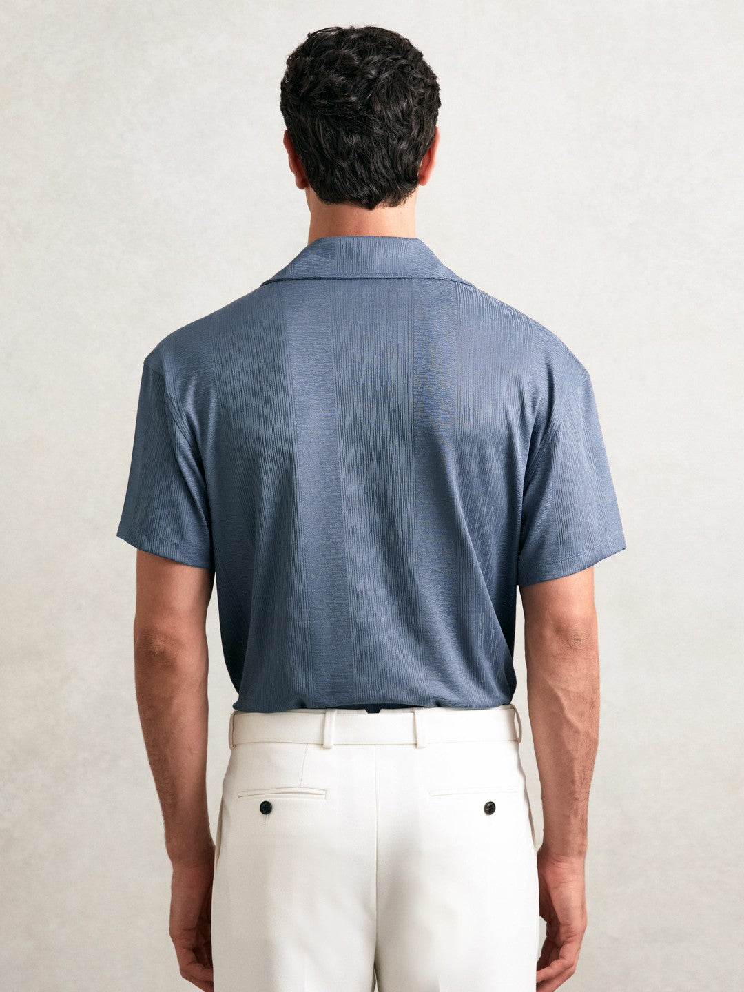 Reiss | Jacquard-Stripe Cuban-Collar Shirt in Airforce Blue