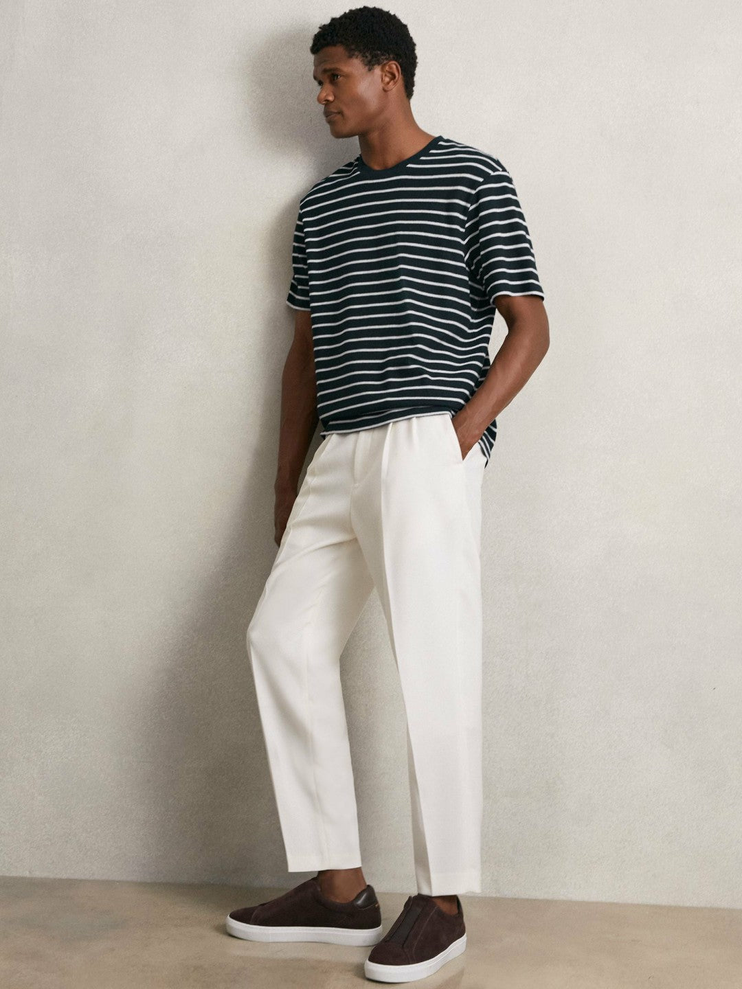 Reiss | Cotton Textured Stripe T-Shirt in White/Navy
