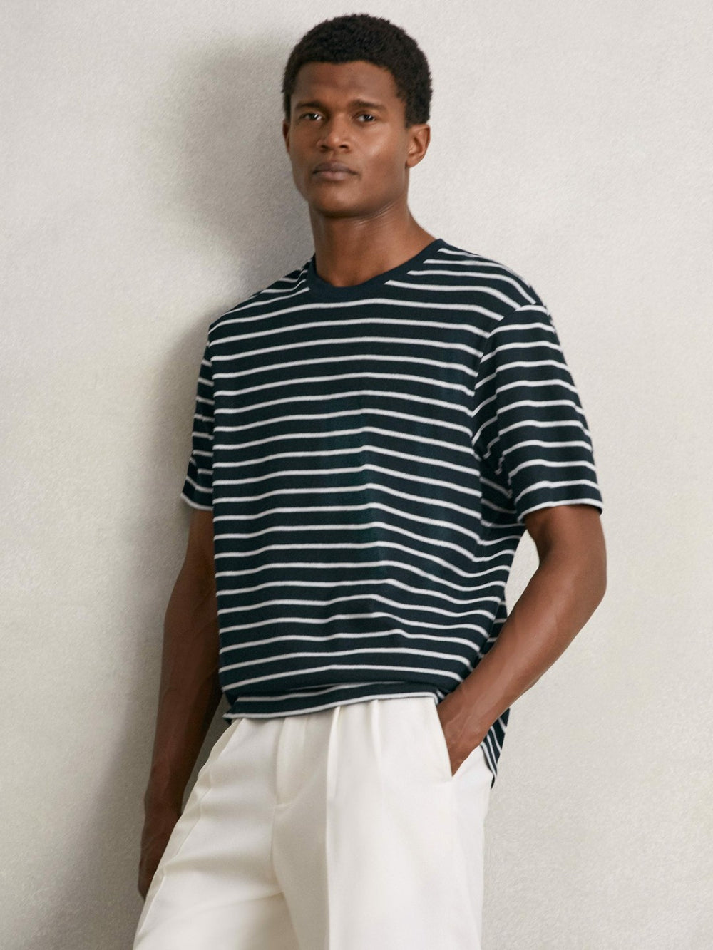 Reiss | Cotton Textured Stripe T-Shirt in White/Navy