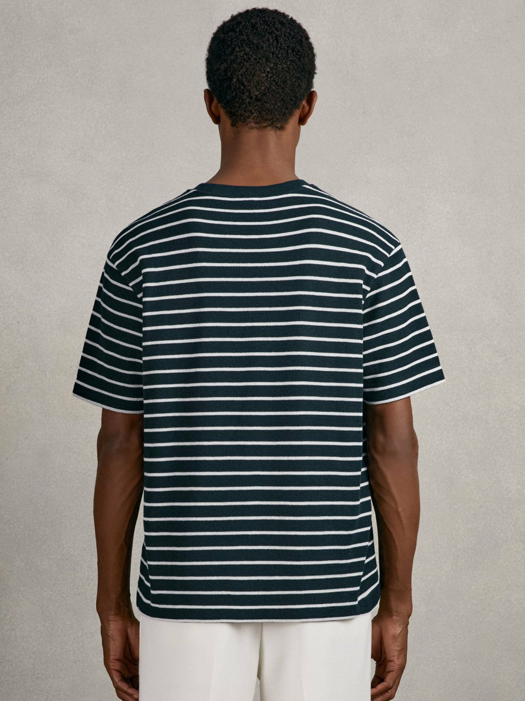 Reiss | Cotton Textured Stripe T-Shirt in White/Navy