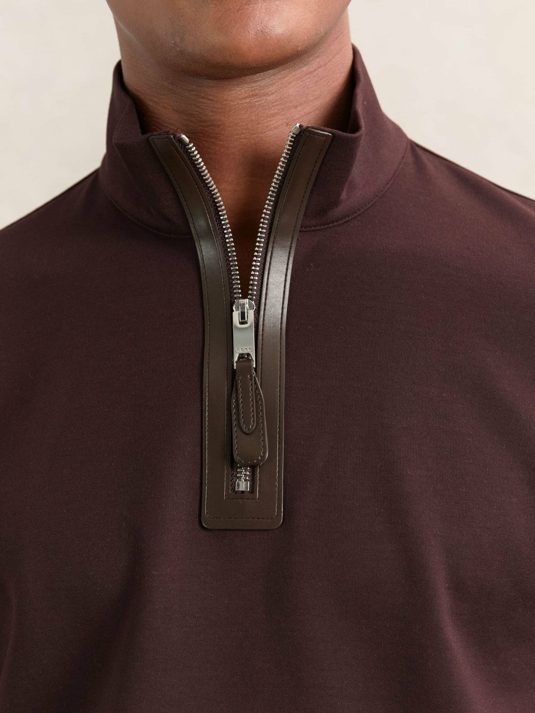 Reiss | Leather-Placket Interlock Sweatshirt in Cherry Red