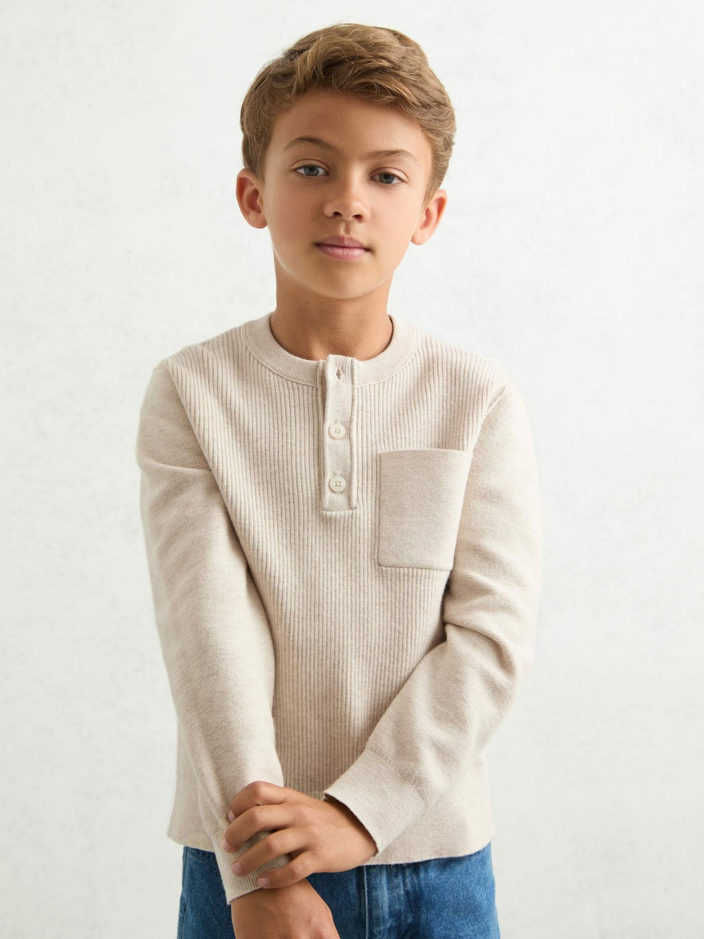 Reiss | 13-14 yrs Cotton-Blend Rib-Knit Henley Top in Oatmeal Melange