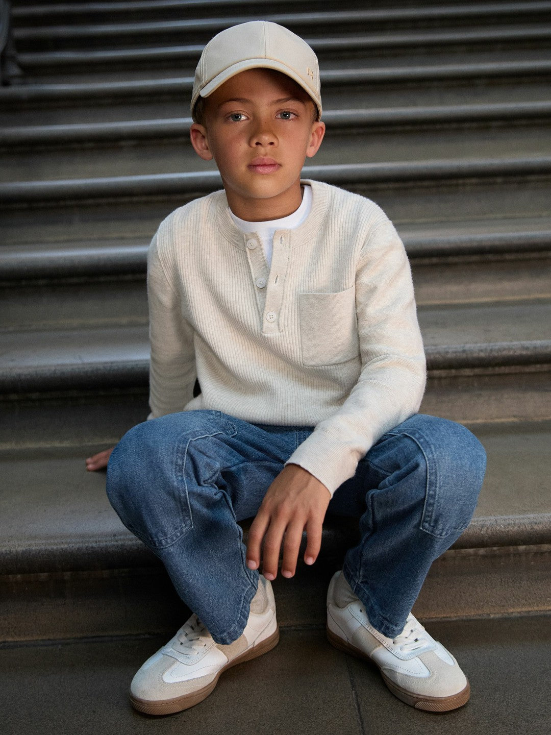 Reiss | 3-9 yrs Cotton-Blend Rib-Knit Henley Top in Oatmeal Melange