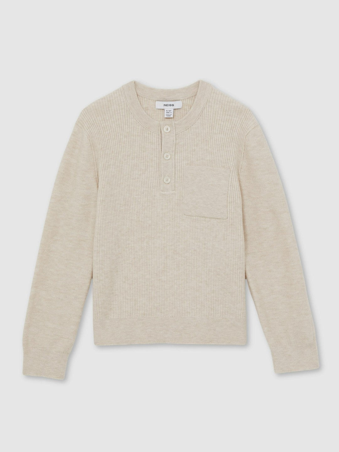 Reiss | 3-9 yrs Cotton-Blend Rib-Knit Henley Top in Oatmeal Melange
